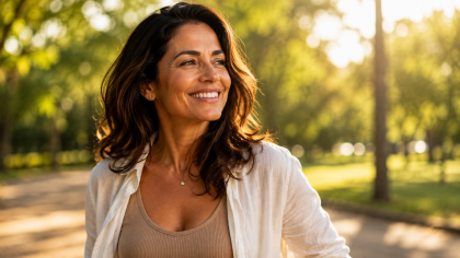 Mulher entre 45 e 55 anos sorrindo com energia e vitalidade em ambiente externo iluminado